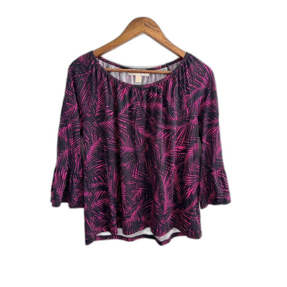MICHAEL Michael Kors Small Pink Black Palm Print Bell Sleeve Cotton Modal Top